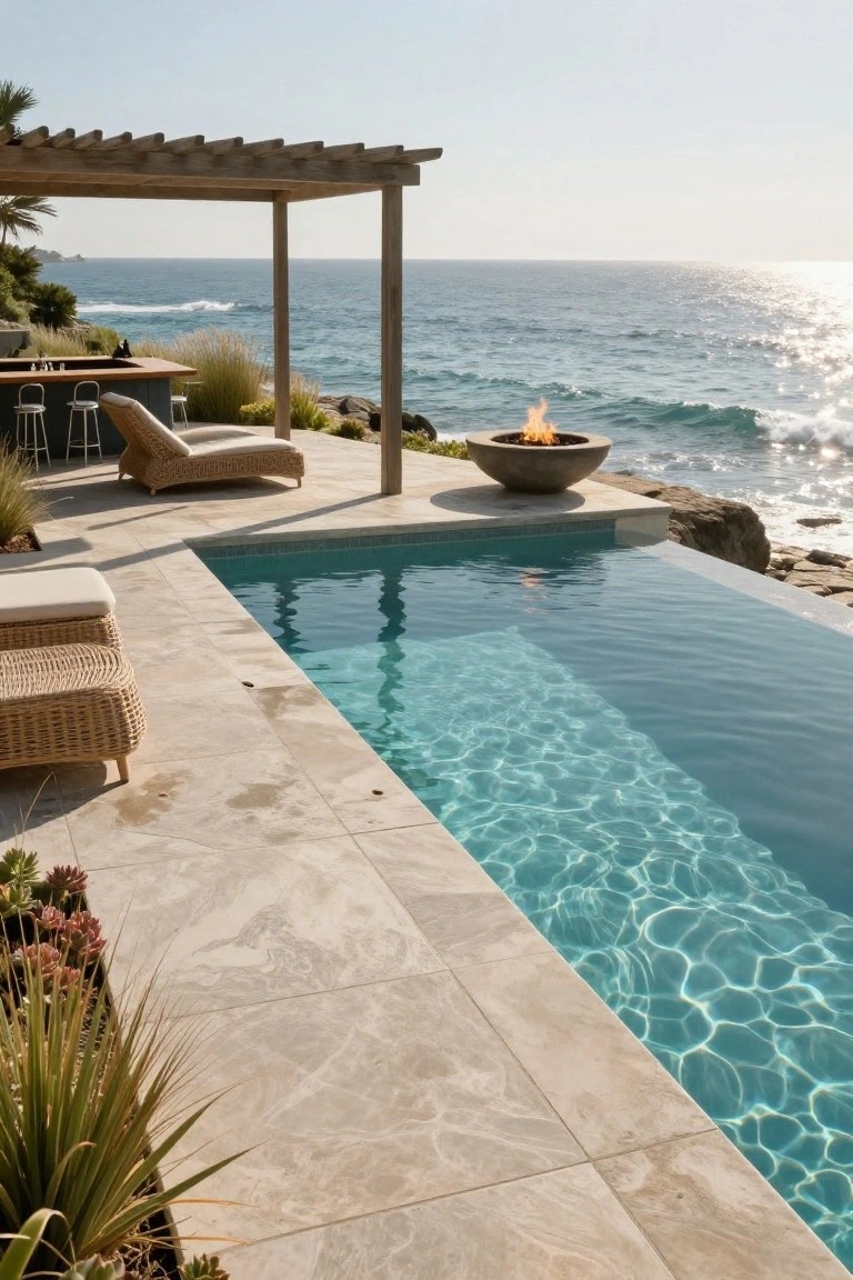 Infinity-edge swimming pool on a light stone terrace next to the ocean, with a round fire pit, wooden pergola over an outdoor bar, woven loungers, and drought-tolerant plants.