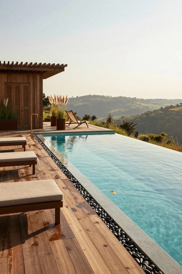 Wooden deck with three beige loungers positioned beside a turquoise infinity pool edged in black pebbles, with a pergola structure and hillside views in the background.