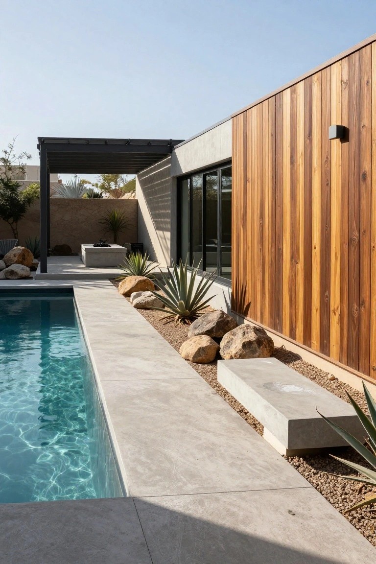 Modern infinity-style pool with turquoise water next to a wooden vertical-clad house wall, white porcelain decking, large boulders, agave plants, gravel mulch, and a concrete bench along the edge.