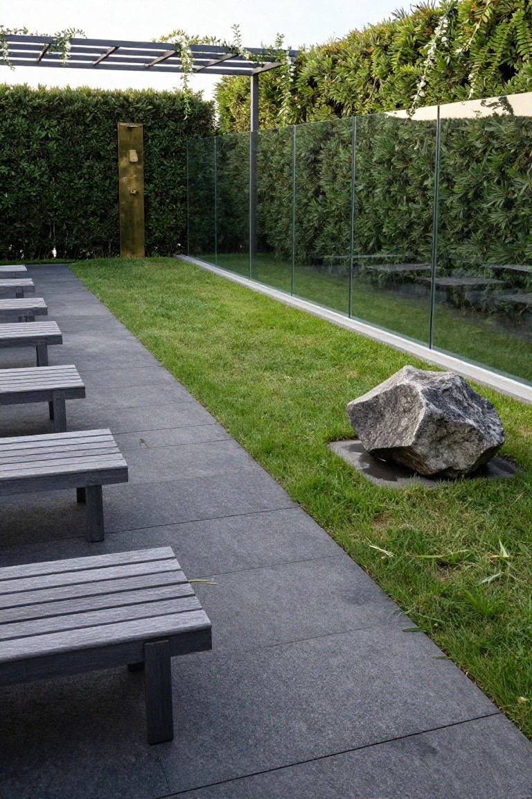 Rows of wooden slatted benches aligned along a dark stone path next to a narrow grass strip in an outdoor poolside area, with hedges, glass fencing, a pergola, outdoor shower post, and large rock sculpture.