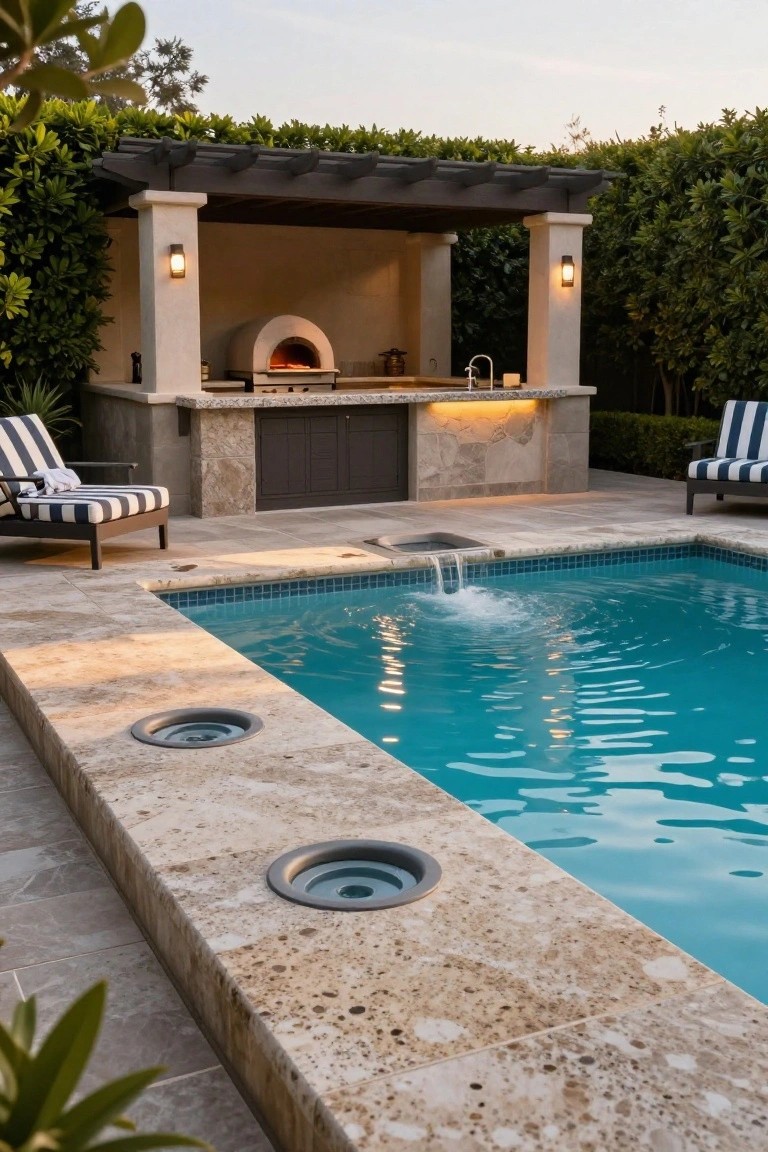 Stone pool coping with two circular drains next to a blue mosaic-tiled pool featuring a small waterfall, adjacent outdoor kitchen under pergola with pizza oven and lounge chairs, surrounded by hedges.
