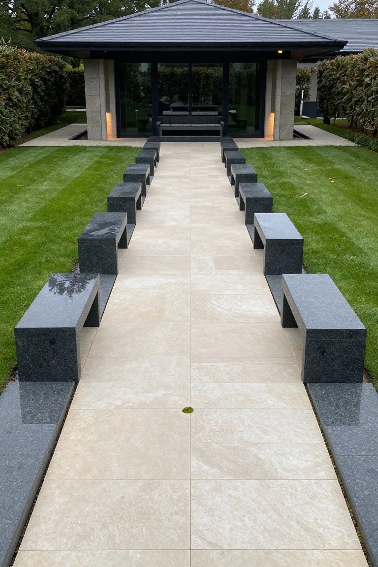 A beige stone pathway lined with black granite benches on both sides leads to a modern pavilion with glass walls, dark roof, and seating inside, bordered by green lawns and hedges.