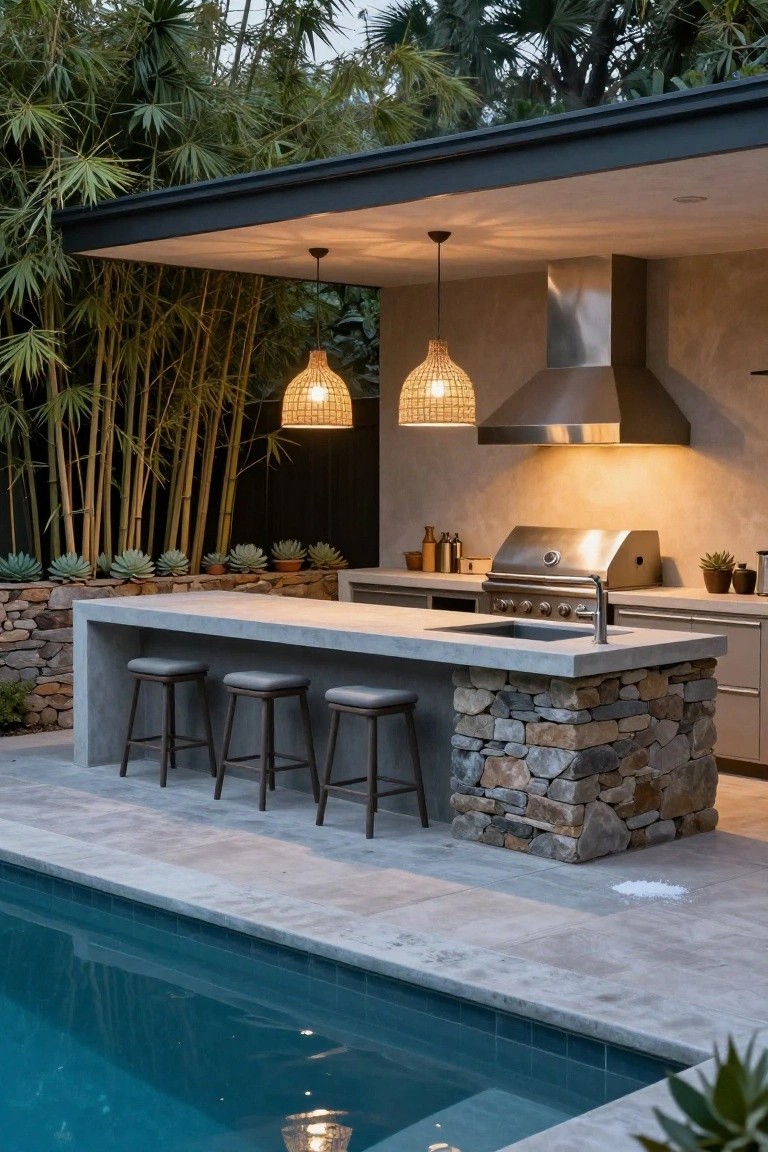 Outdoor covered kitchen with concrete bar countertop supported by stone pillar, stainless steel grill and sink, woven pendant lights, bar stools, adjacent to a rectangular swimming pool surrounded by bamboo plants and stone walls.