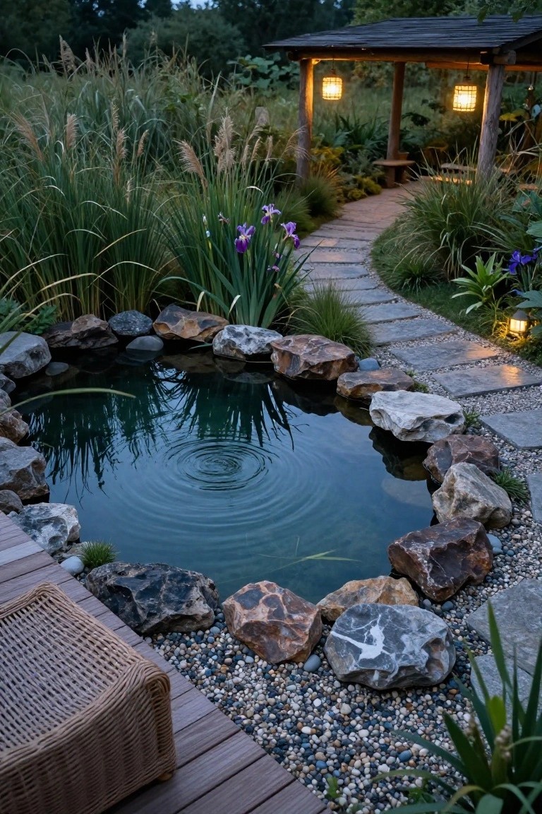 Small circular garden pond lined with natural rocks and pebbles, surrounded by tall grasses, iris flowers, and plants, with a winding stone path, wooden lanterns, pergola structure, and wicker chair on a deck at dusk.