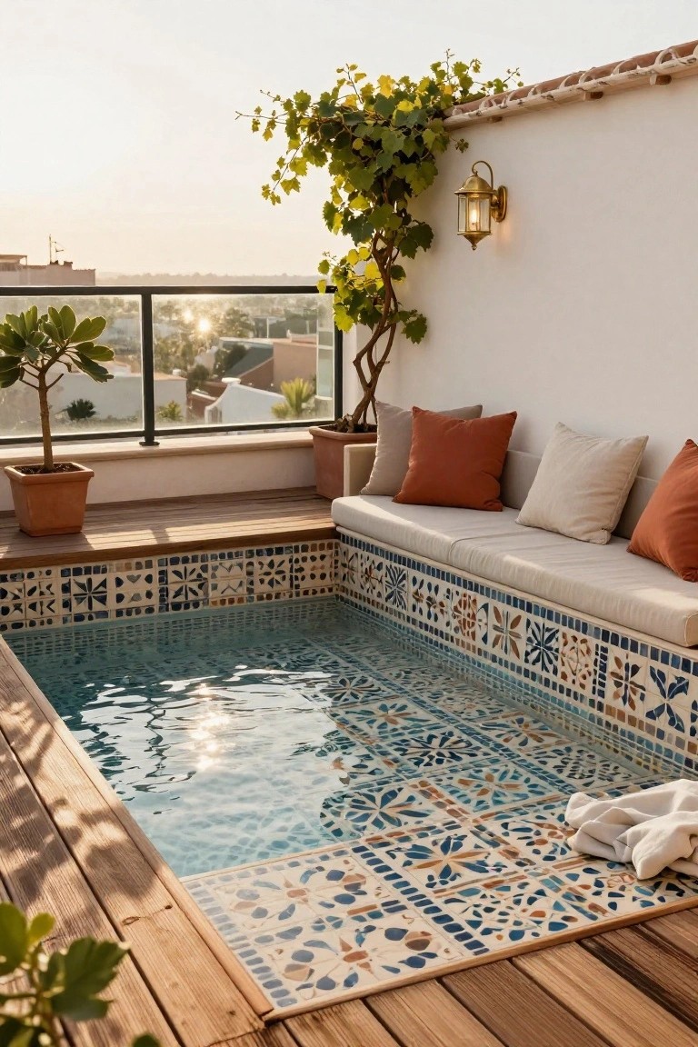 Small rectangular turquoise mosaic-tiled plunge pool on a wooden deck rooftop terrace surrounded by white walls, built-in bench seating with beige and orange cushions, potted plants, grapevine, lantern light, and city view at sunset.