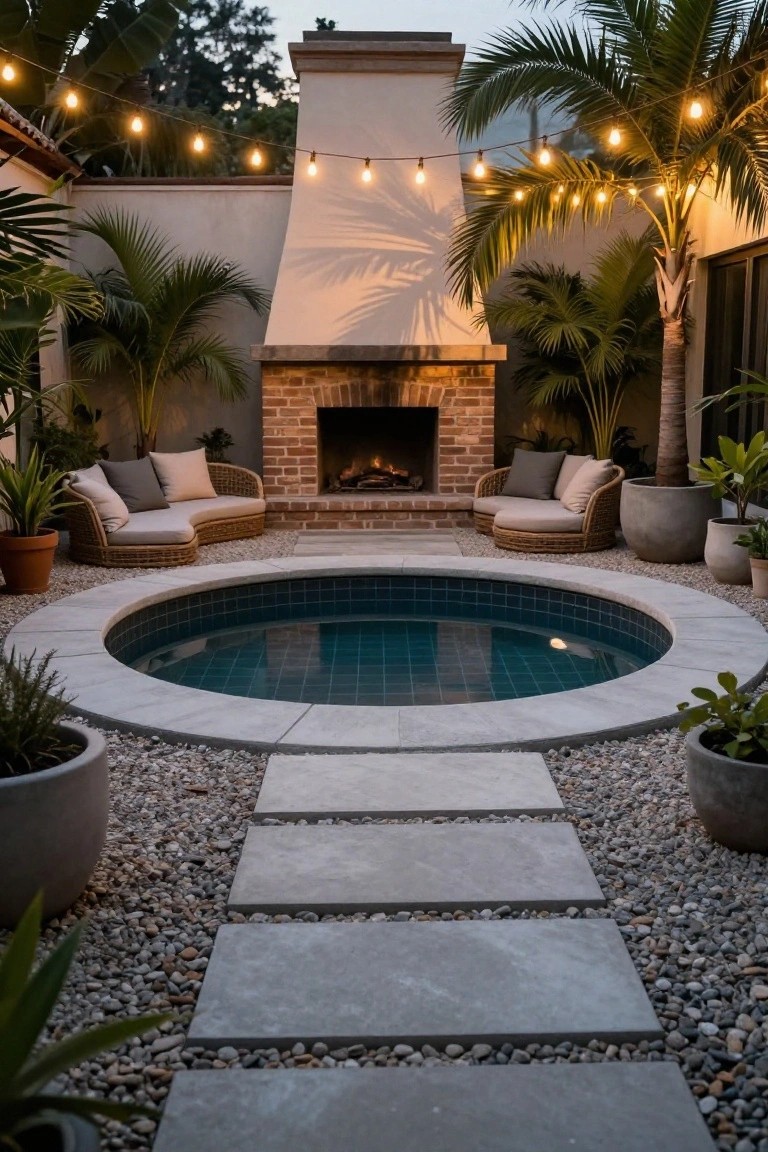 Circular blue-tiled in-ground hot tub in a pebble-surrounded courtyard with brick outdoor fireplace, curved rattan seating, potted plants, palm trees, stone pavers, and string lights at dusk.
