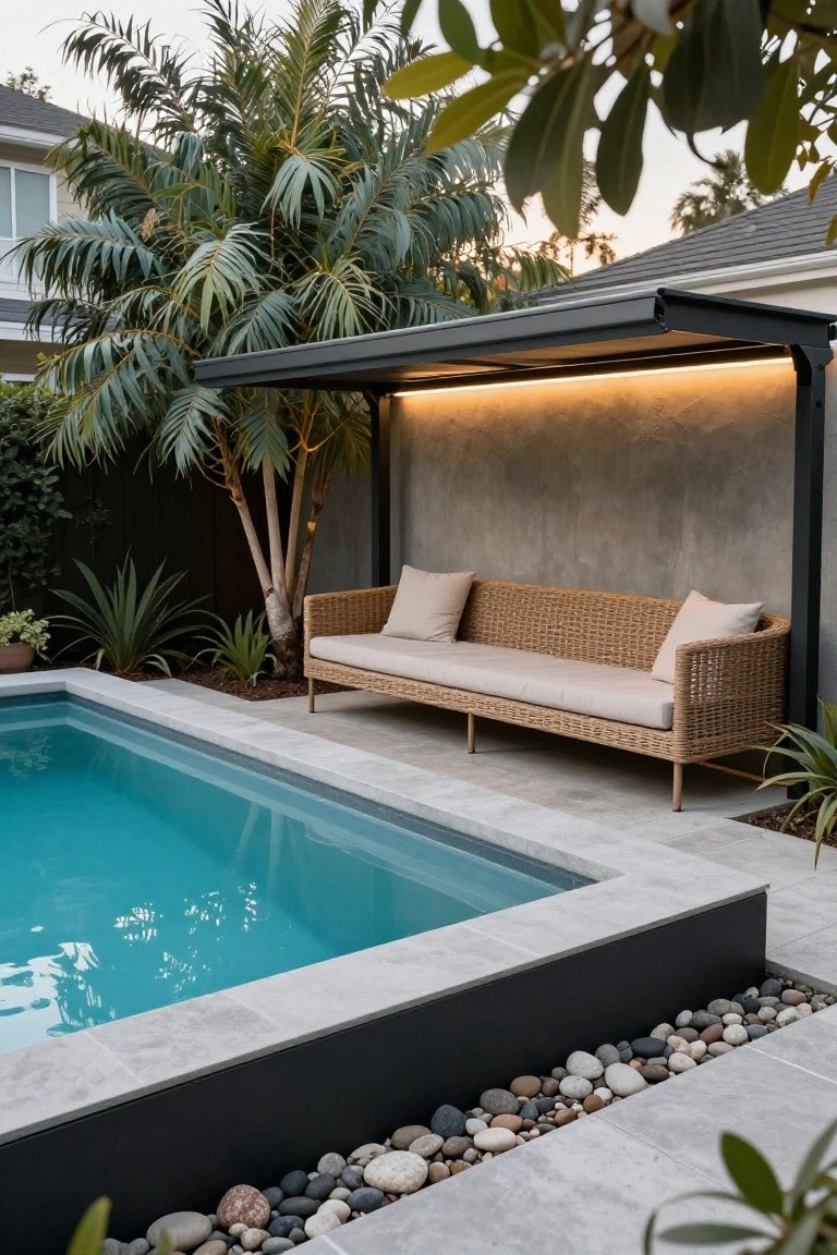A small turquoise pool with gray stone coping and black edging, next to a covered black metal lounge shelter with beige rattan sofa and pillows, palms, agaves, and pebble ground cover.