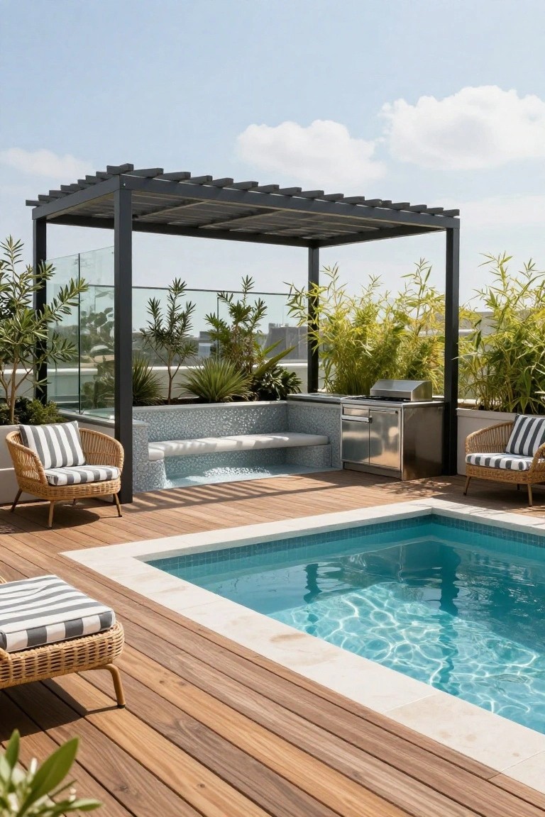 Rooftop terrace with small turquoise plunge pool next to white-tiled built-in bench under black metal pergola, surrounded by wood decking, rattan lounge chairs, bamboo plants, and stainless steel outdoor kitchen.