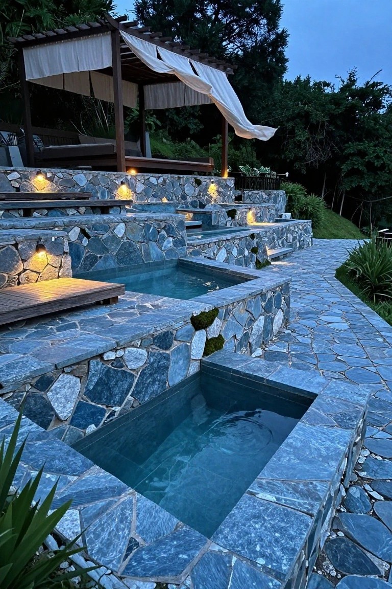 Tiered rectangular pools with blue stone walls and underwater lights on wooden decks, set into a sloped landscape with tropical plants, a pergola above, and dusk lighting.