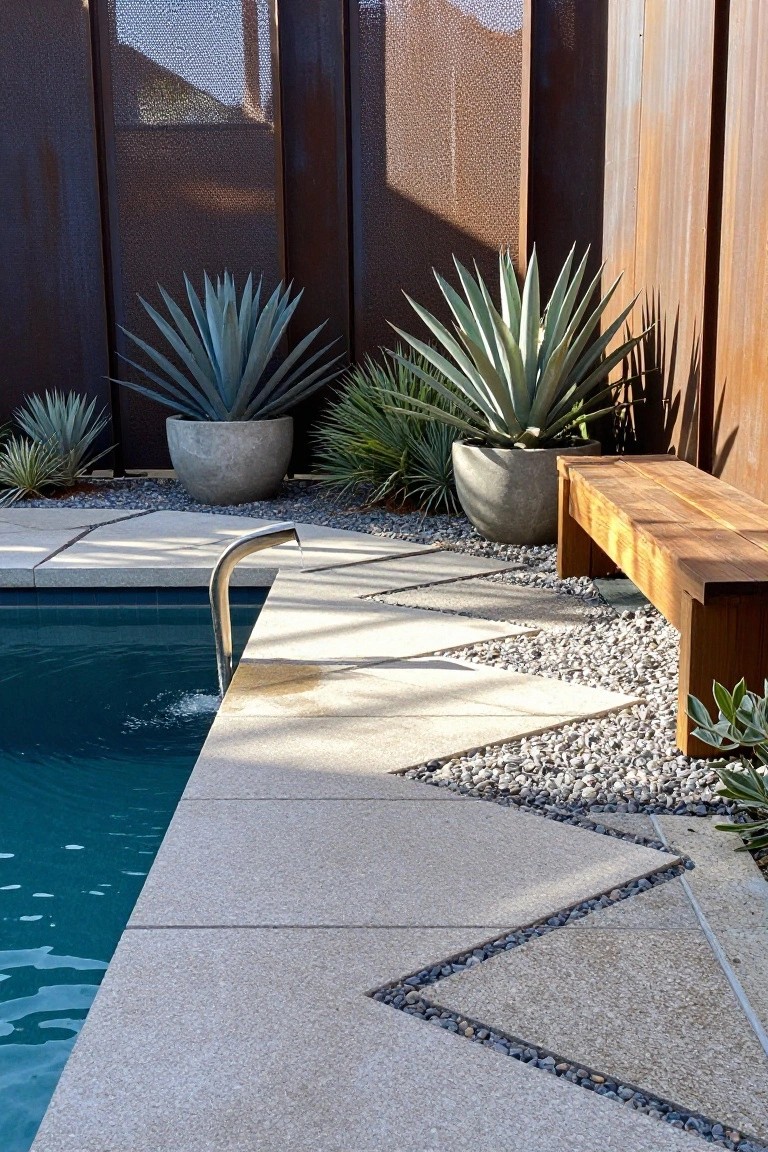 18 Beautiful Pool Landscaping Ideas to Refresh Your Outdoor Space Pool deck with geometric gray stone pavers edged by small pebbles, wooden bench nearby, large potted agave plants, rusted metal screens, and stainless steel pool ladder next to turquoise water.