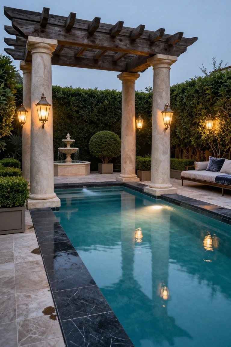 18 Beautiful Pool Landscaping Ideas to Refresh Your Outdoor Space Rectangular pool edged in black tiles and travertine decking, covered by wooden pergola on beige stone columns with hanging lanterns, central fountain, boxwood shrubs, lounge seating, and hedge backdrop at dusk.