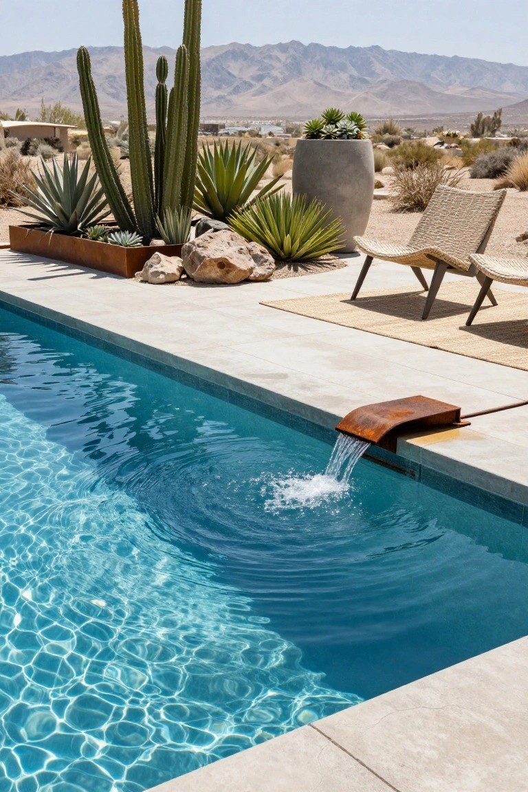 18 Beautiful Pool Landscaping Ideas to Refresh Your Outdoor Space A turquoise swimming pool with a rusted metal waterfall edge creating ripples, bordered by a tiled deck, desert plants including tall cacti and agaves in a rectangular metal planter and large gray pot, rocks, and two woven lounge chairs nearby against distant mountains.