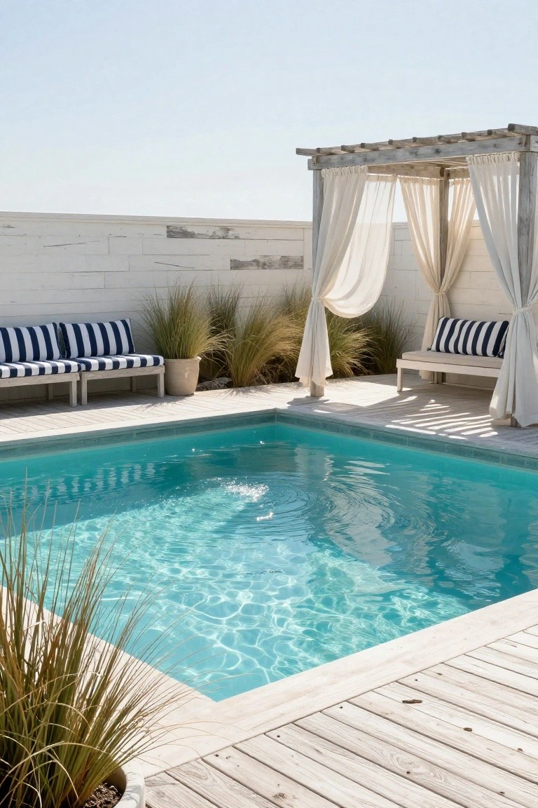 18 Beautiful Pool Landscaping Ideas to Refresh Your Outdoor Space Turquoise pool edged in wood decking and white tile, with pampas grass plants, blue-striped cushions on benches under a wooden pergola draped in white sheer curtains, against a white shiplap wall.
