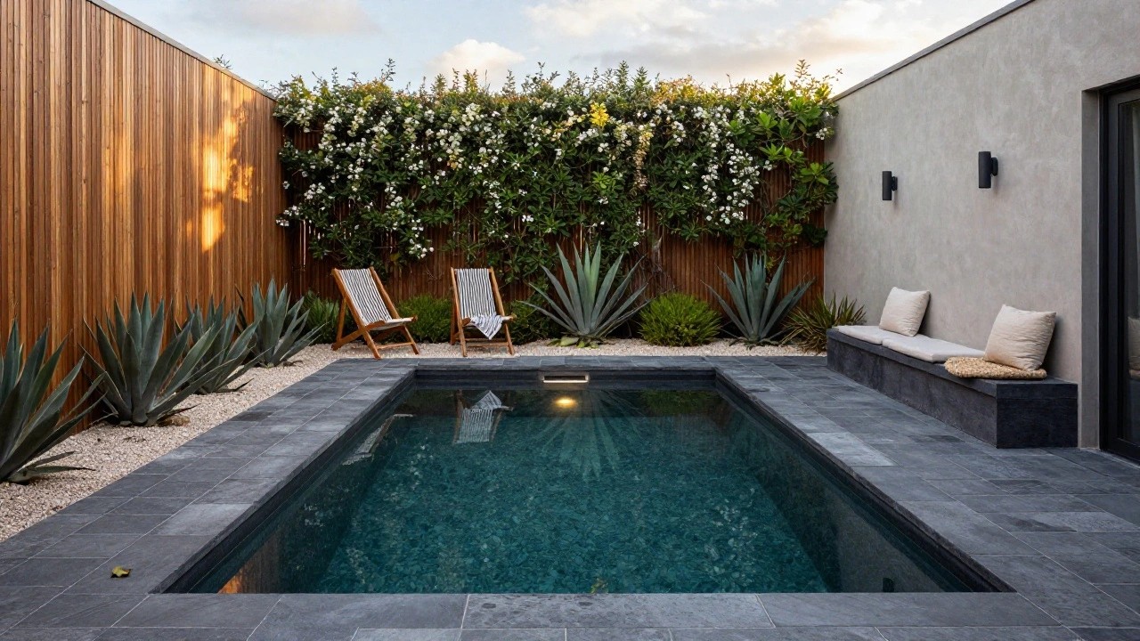 Pool edged in dark stone with agave plants and pebble ground cover, wooden reclining lounger with towel, built-in wooden bench with beige cushions in a textured wall niche, and slatted wooden screen with climbing white flowers.