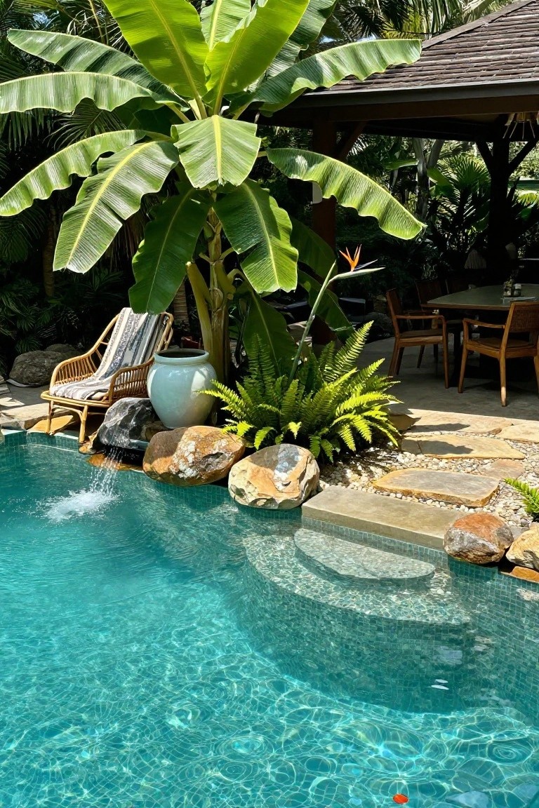 18 Beautiful Pool Landscaping Ideas to Refresh Your Outdoor Space Turquoise-tiled pool with water cascading from large boulders and rocks at the edge, surrounded by ferns, pebbles, tropical plants including banana trees, a lounge chair, and a dining table under a pavilion.