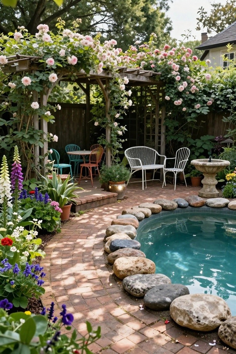 18 Beautiful Pool Landscaping Ideas to Refresh Your Outdoor Space Small round turquoise pool edged with large natural rounded stones, bordered by a curving brick path lined with colorful flowers and plants, with a seating area under a wooden arbor covered in pink roses nearby.