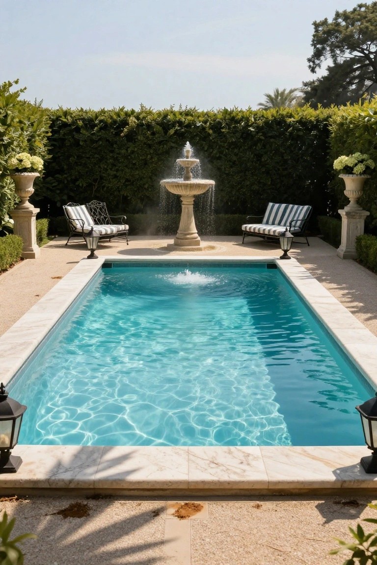 18 Beautiful Pool Landscaping Ideas to Refresh Your Outdoor Space A narrow turquoise pool in a paved courtyard surrounded by tall green hedges, featuring a stone fountain at one end, two striped lounge chairs, potted hydrangeas, and lanterns on marble coping.