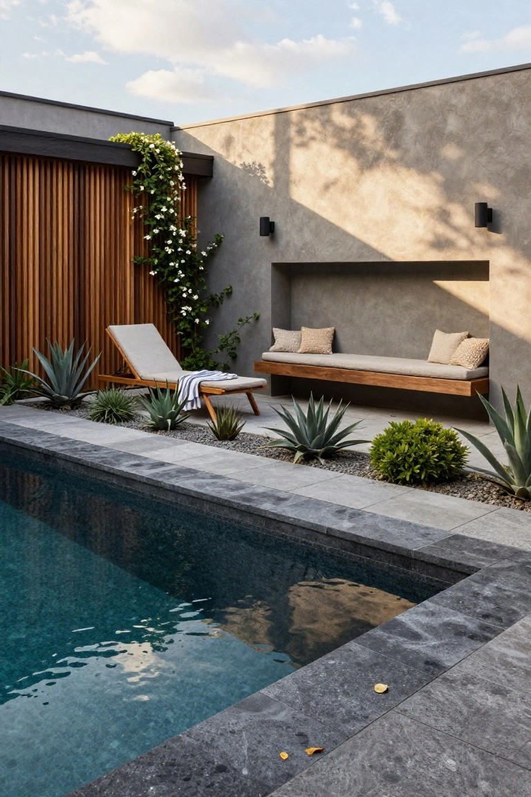 18 Beautiful Pool Landscaping Ideas to Refresh Your Outdoor Space Pool edged in dark stone with agave plants and pebble ground cover, wooden reclining lounger with towel, built-in wooden bench with beige cushions in a textured wall niche, and slatted wooden screen with climbing white flowers.