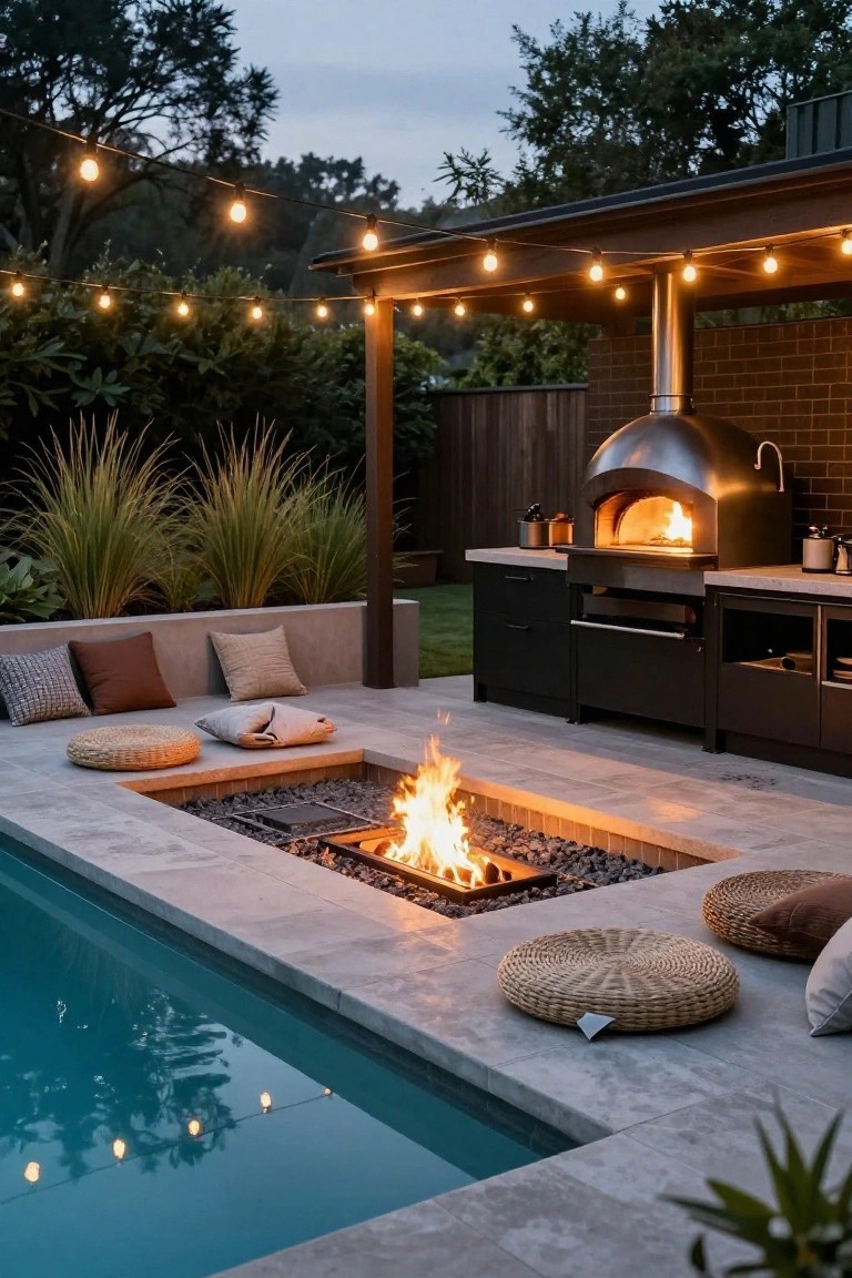 18 Beautiful Pool Landscaping Ideas to Refresh Your Outdoor Space Outdoor pool deck with a rectangular built-in fire pit filled with pebbles and flames, surrounded by rattan floor cushions and pillows, next to a swimming pool, with an adjacent outdoor kitchen under a pergola strung with globe lights.