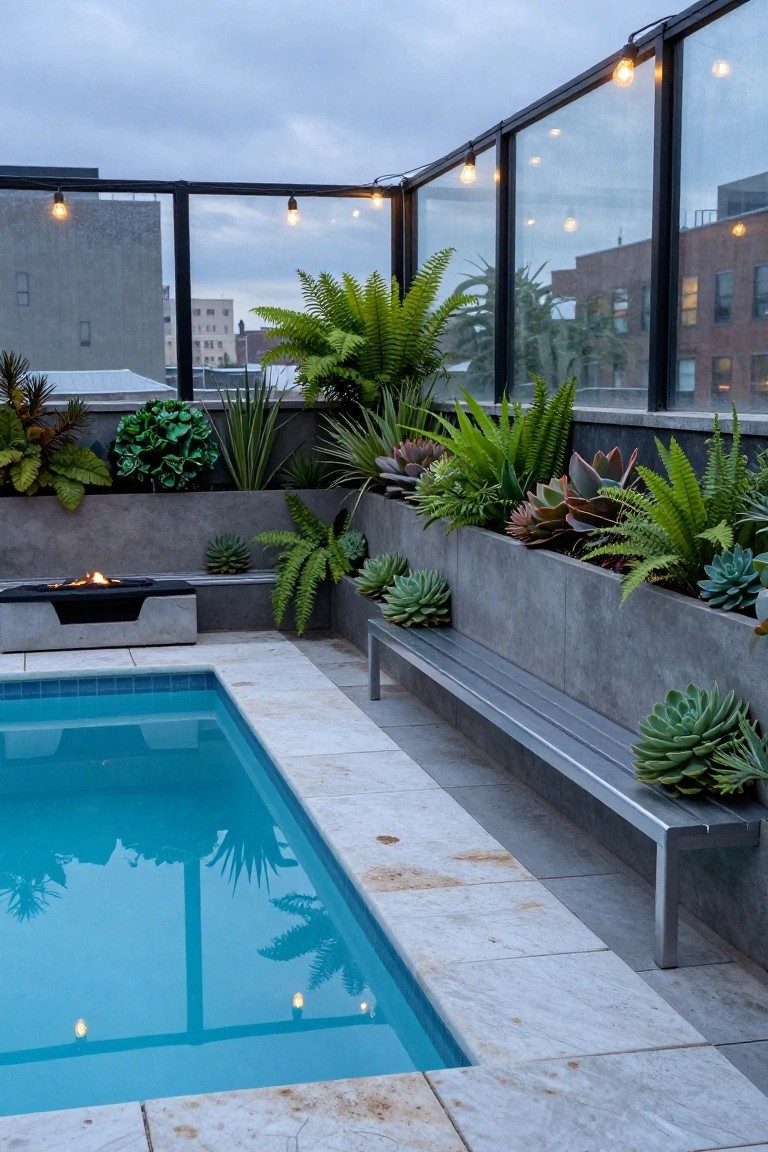 18 Beautiful Pool Landscaping Ideas to Refresh Your Outdoor Space Rooftop corner pool with clear blue water, bordered by linear gray concrete planters overflowing with succulents, ferns, and agaves, a concrete fire pit with flames on a bench base, stainless steel bench, glass balustrade with string lights, and city buildings at dusk.