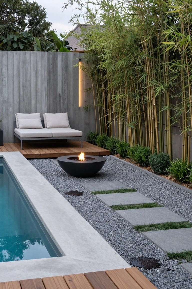 18 Beautiful Pool Landscaping Ideas to Refresh Your Outdoor Space Poolside outdoor space with blue rectangular pool, gravel path edged by concrete slabs and grass strips, black spherical fire pit bowl, white cushioned daybed on wooden deck, and tall bamboo screen against gray fence.