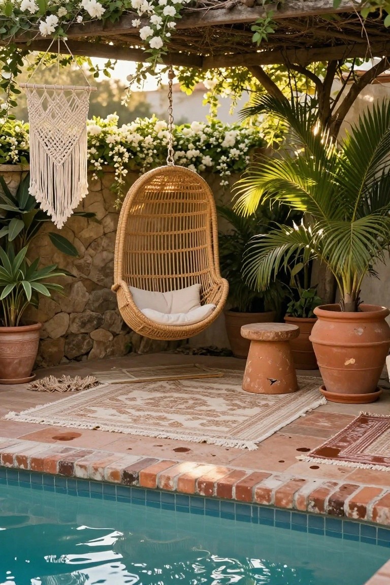 18 Beautiful Pool Landscaping Ideas to Refresh Your Outdoor Space Wicker hanging chair by a pool with terracotta pots and rugs.