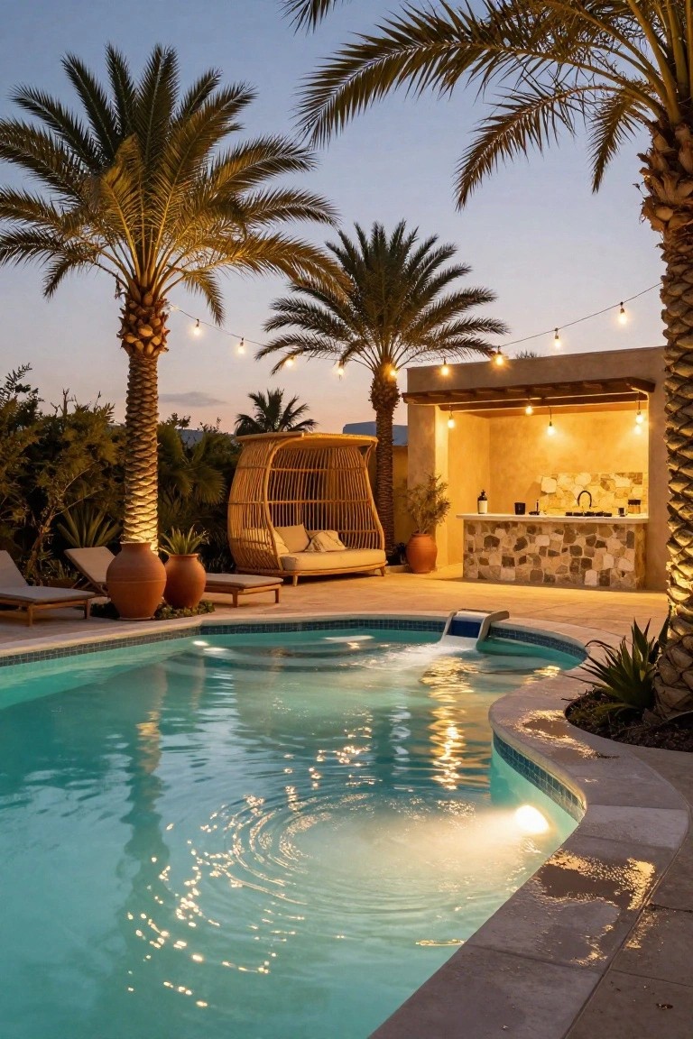 18 Beautiful Pool Landscaping Ideas to Refresh Your Outdoor Space Curved turquoise pool at dusk with adjacent stone bar kitchen, woven daybed loungers, terracotta pots, palm trees, and string lights hanging overhead.