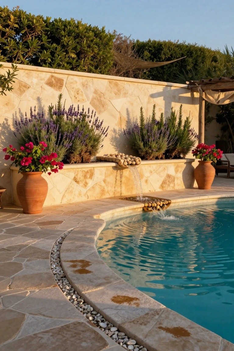 18 Beautiful Pool Landscaping Ideas to Refresh Your Outdoor Space Serene pool with stone waterfall, lavender, and terracotta pots at sunset.