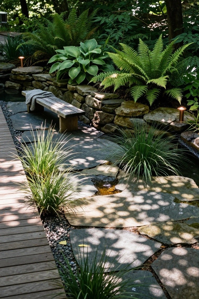 18 Beautiful Pool Landscaping Ideas to Refresh Your Outdoor Space Irregular flagstone path with gravel edges winds through ferns, hostas, and ornamental grasses toward a small pond and wooden bench against a stone wall in a wooded garden.
