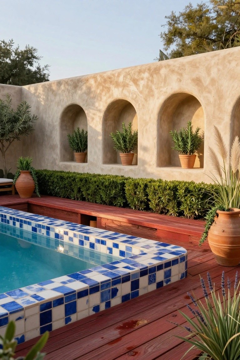 Close view of a small pool with irregular blue and white mosaic tiled edges, red wooden deck and built-in bench seating, beige stucco perimeter wall with three arched niches holding potted rosemary plants, trimmed boxwood hedge, and scattered terracotta pots with greenery.