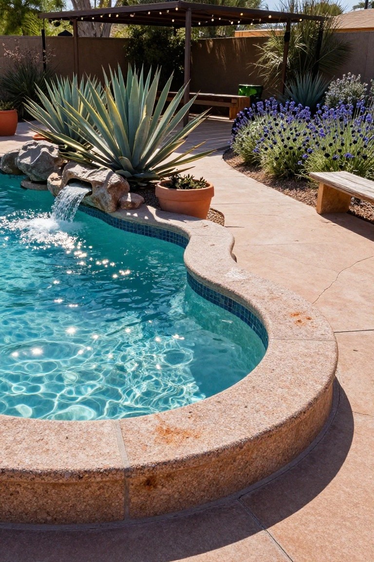 Curved-edge swimming pool with blue tile accents and beige stone coping, featuring a cascading rock waterfall surrounded by large agave plants, purple flower clusters, potted plants, and a nearby wooden bench in a sunny backyard.