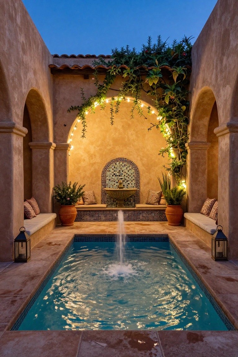 Stucco-walled courtyard at dusk with a small rectangular blue-tiled pool containing a central fountain, built-in cushioned benches on stone bases, potted plants, arched niches, vine-draped string lights, and lanterns.