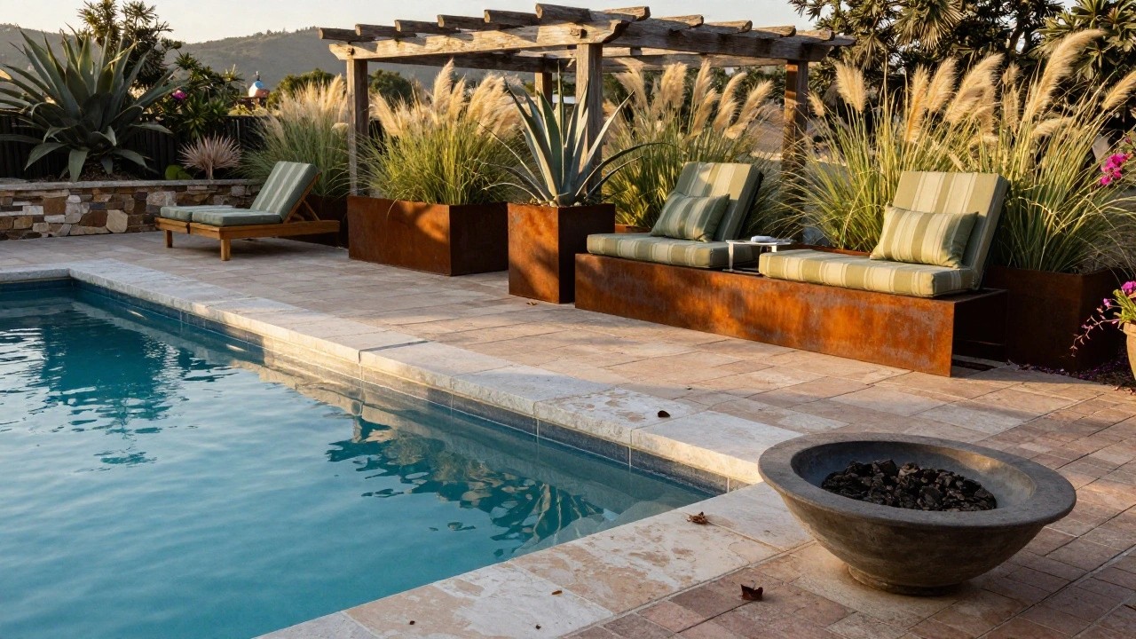 Pool edged in travertine with adjacent brick pavers leading to a lounge area of green chairs, metal fire pit bowl, and large corten steel pots with tall grasses under a wooden pergola, with agaves and hills in the background.