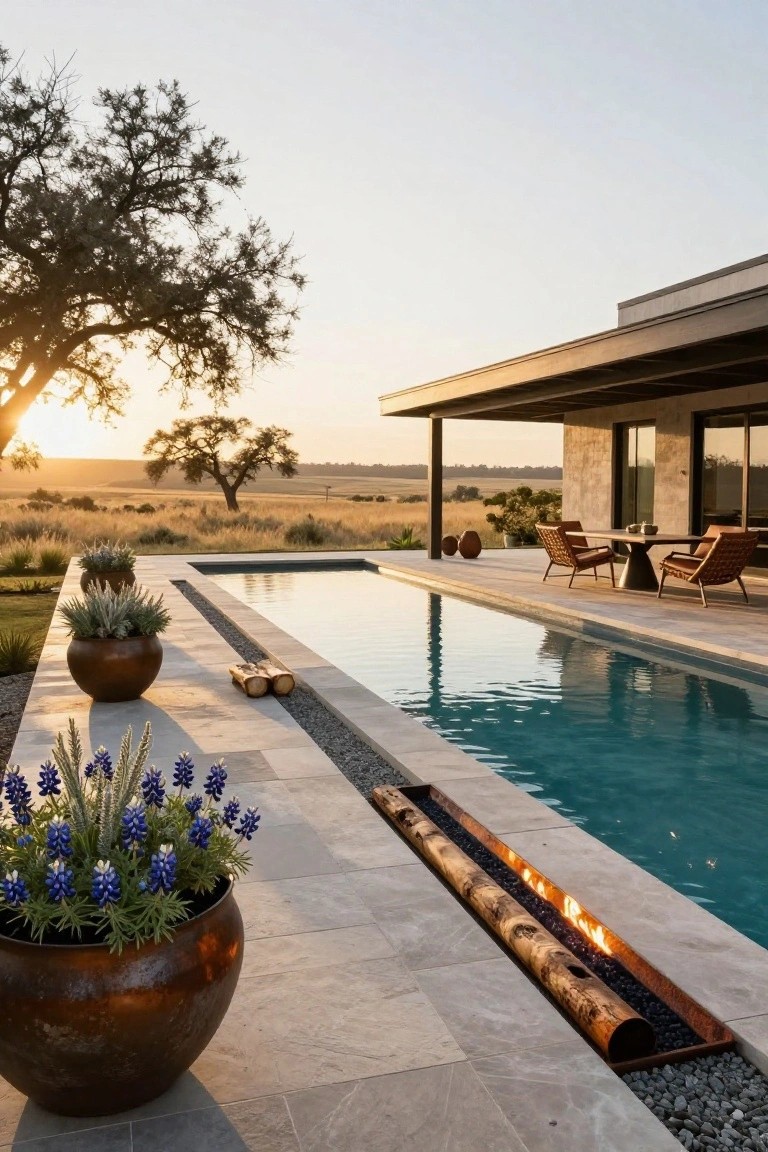 Long narrow outdoor pool with a linear metal fire trench embedded along one edge, flanked by potted agave and bluebonnets on a stone patio, lounge chairs and table under a covered porch beside a stone house in a dry grassy landscape at sunset.