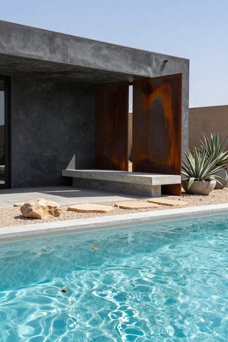 Concrete house wall with open rusted metal doors and bench overlooking gravel area with large boulder, irregular stone slabs, agave plants in pots, and turquoise pool.