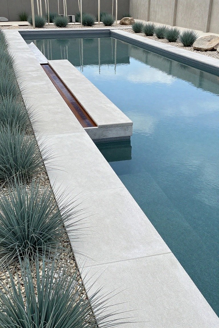 Long narrow swimming pool with light gray concrete decking along one side, lined by multiple clusters of blue agave plants in pebble mulch beds next to large rocks and a concrete wall.