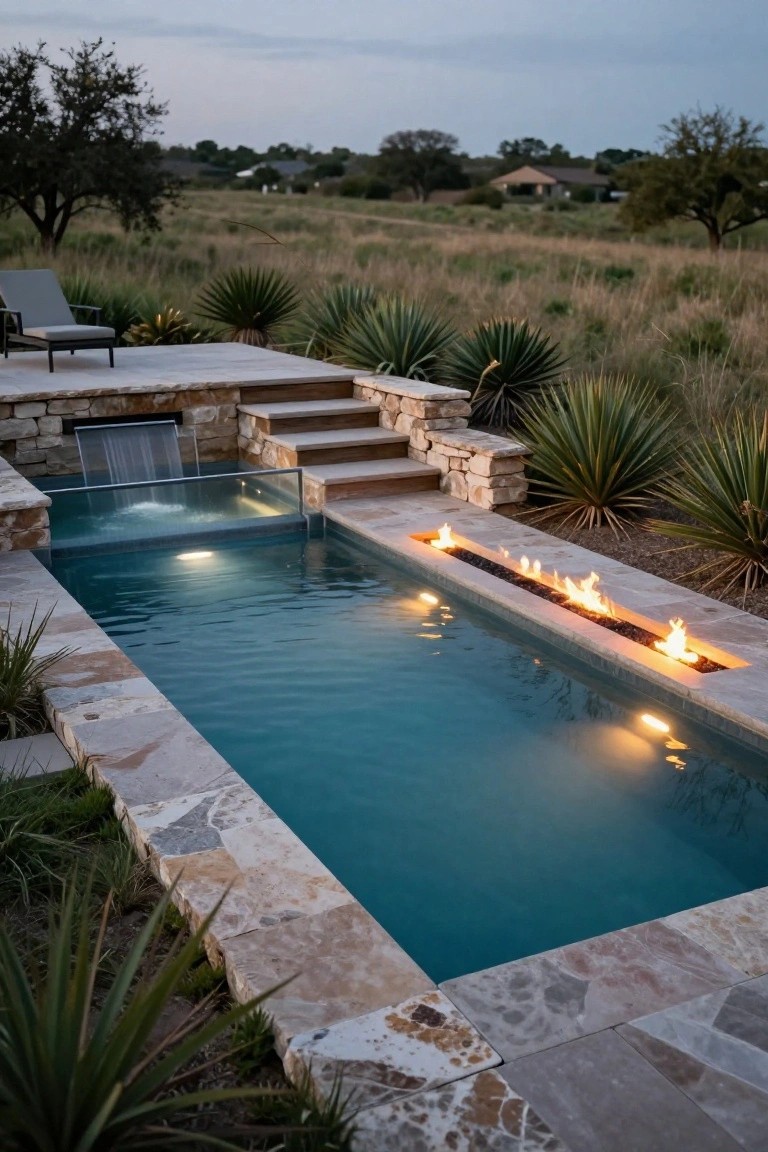 Rectangular pool with turquoise water, linear gas fire pit along one edge, stone waterfall at the end, steps leading down, lounge chair nearby, agave plants, and grassy field in evening light.