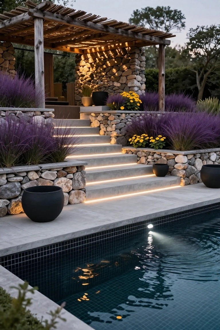 Concrete steps with underlit LED strips leading from a black-tiled pool deck to a pergola-covered terrace, flanked by stone walls with purple grasses, yellow flowers, and black pots.