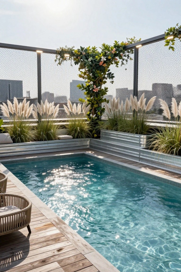 Rooftop infinity-edge pool with galvanized metal planters filled with tall white pampas grass and other greenery along the edges, climbing vines on chain-link fencing, wooden decking, lounge chairs, and city skyline in the background.