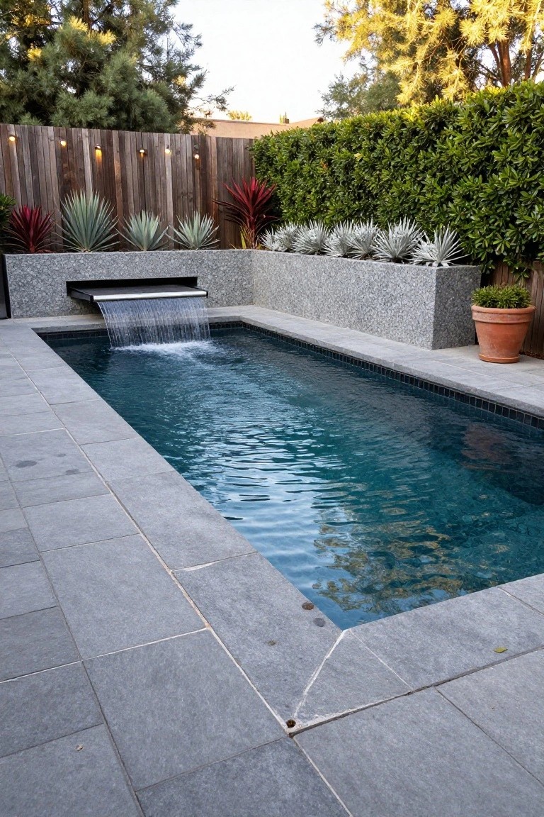 Narrow rectangular inground pool with waterfall cascading from a gray pebble wall at one end, surrounded by succulent plants in raised beds and gray slate pavers in a fenced backyard.