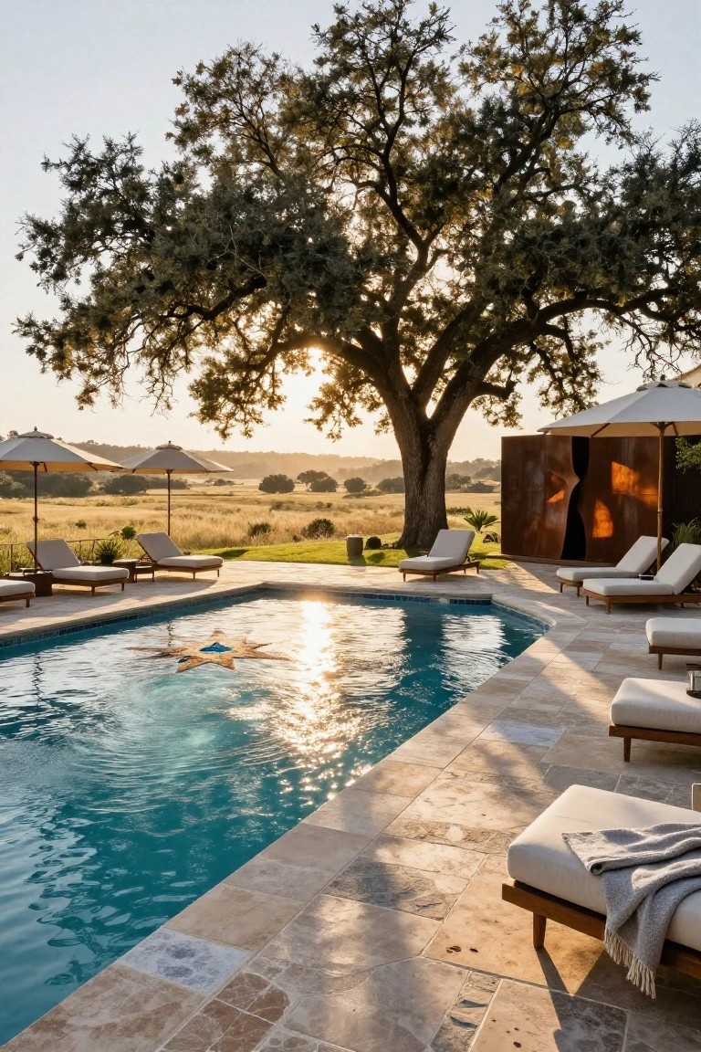 A turquoise pool with a star-shaped tile mosaic at the bottom, surrounded by travertine decking, beige loungers, and umbrellas under a large oak tree on a grassy hillside.