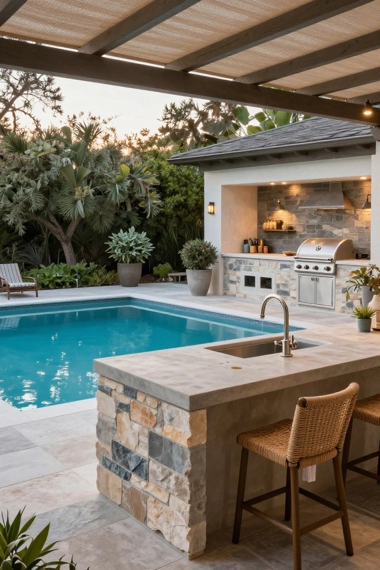 Outdoor pool area with a stone bar counter extending over the pool edge, including a stainless sink and two rattan bar stools, next to a built-in grill kitchen amid tropical plants and potted greenery.