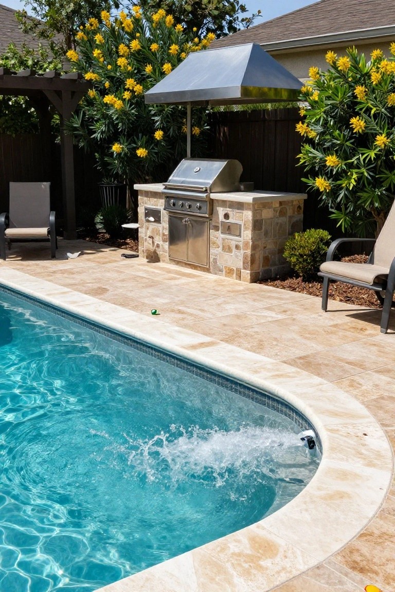 Pool deck with built-in stone grill station featuring stainless steel grill under metal awning, lounge chairs, yellow flowering shrubs, and curved pool edge with water jet.