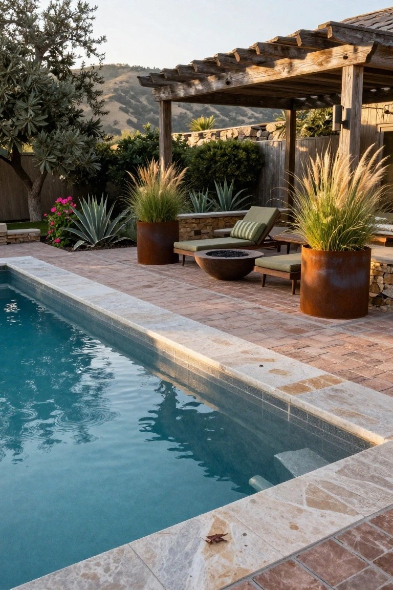 Pool edged in travertine with adjacent brick pavers leading to a lounge area of green chairs, metal fire pit bowl, and large corten steel pots with tall grasses under a wooden pergola, with agaves and hills in the background.