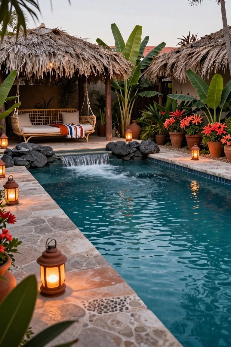 Turquoise pool with rock waterfall and boulders, terracotta lanterns along stone deck edge, tropical plants, thatched roof structures with hammock swing, and potted flowers at dusk.
