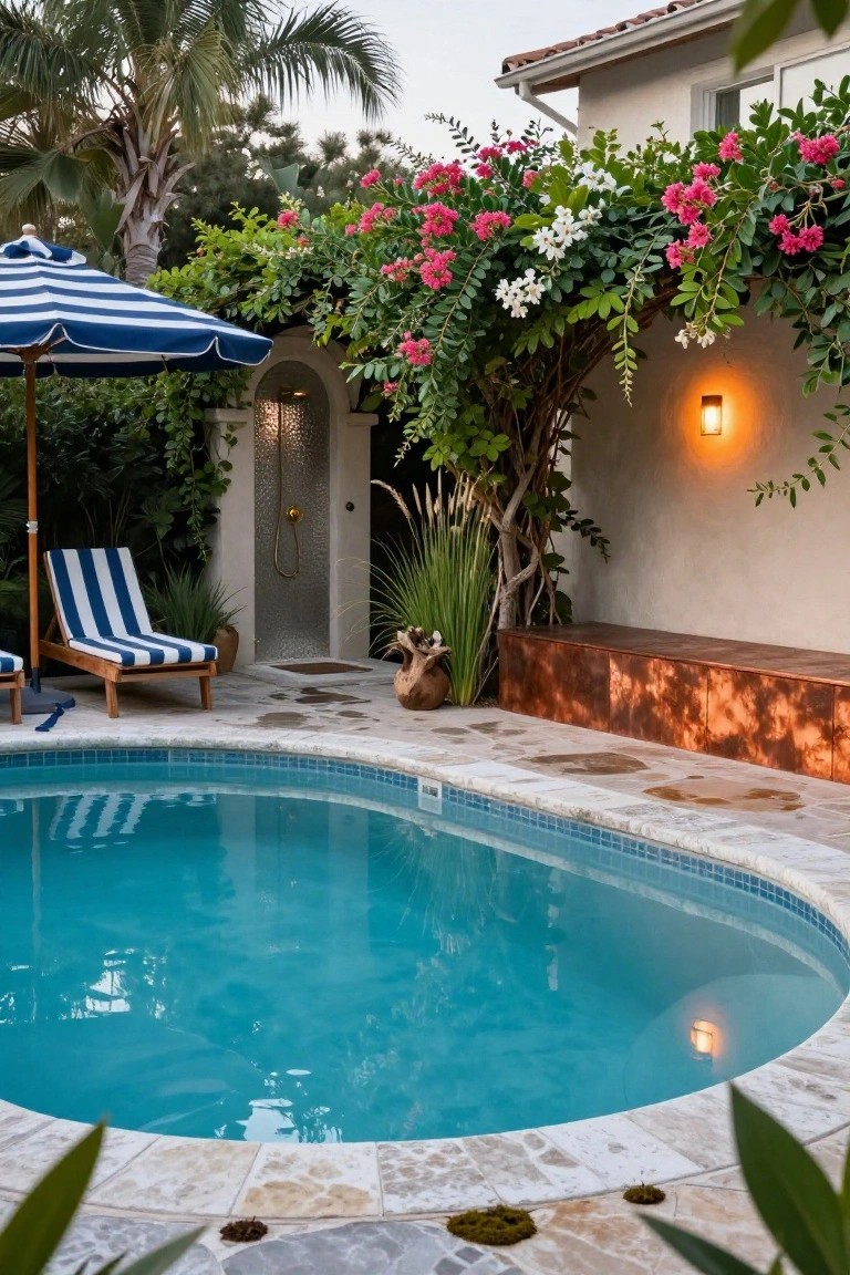 Curved turquoise pool with travertine decking surrounded by tropical plants including pink bougainvillea vines over an outdoor shower on a stucco wall, blue-striped umbrella shading lounge chairs, copper bench, and potted plants.