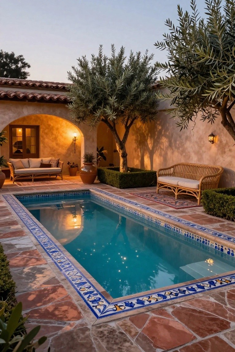 A narrow turquoise plunge pool with blue and white ornate tile borders in a courtyard with stucco arches, rattan benches, potted plants, olive trees, boxwood hedges, and terracotta paving at dusk.