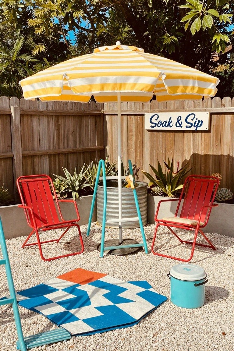 Backyard poolside lounge area with two red metal chairs under a yellow and white striped umbrella, turquoise metal tub planter filled with agave plants, blue enamel bucket, geometric outdoor rug on gravel ground, and wooden 'Soak & Sip' sign on fence.