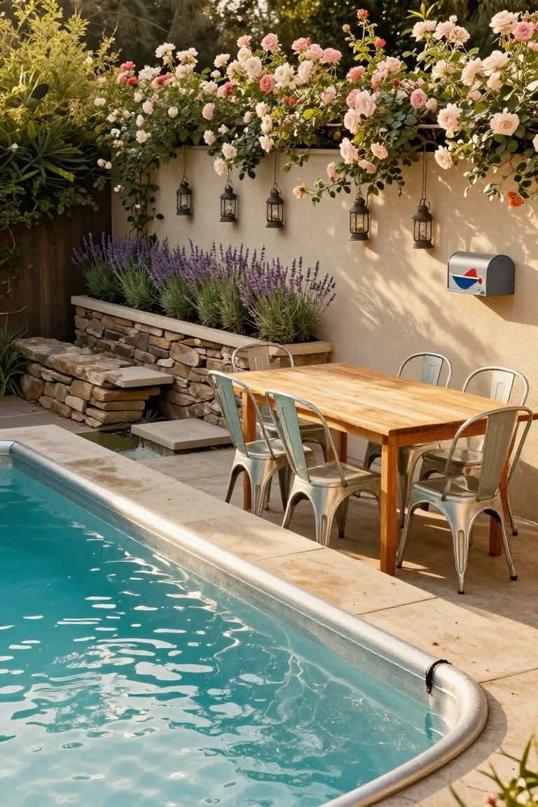 Turquoise pool with shiny silver metal edging and liner, wooden rectangular dining table with four matching metal chairs positioned beside it on stone pavers, lavender plants in raised stone bed, rose-covered wall with hanging lanterns and mailbox.