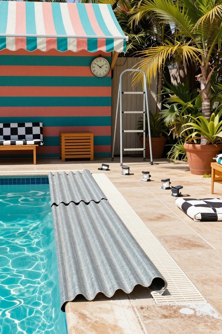 Backyard pool area with turquoise water, silver corrugated tin sheet covering part of the edge, red and teal striped wall with clock, aluminum ladder, black and white cushions on benches, potted plants, and small lanterns on tiled patio.